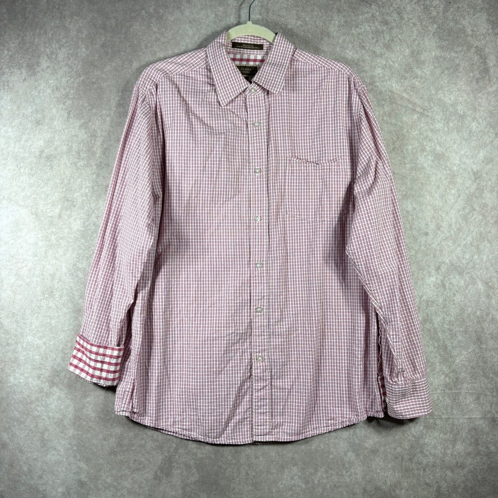 James Tattersall Dress Shirt Mens Large/16.5 Pink Plaid Business Casual Office